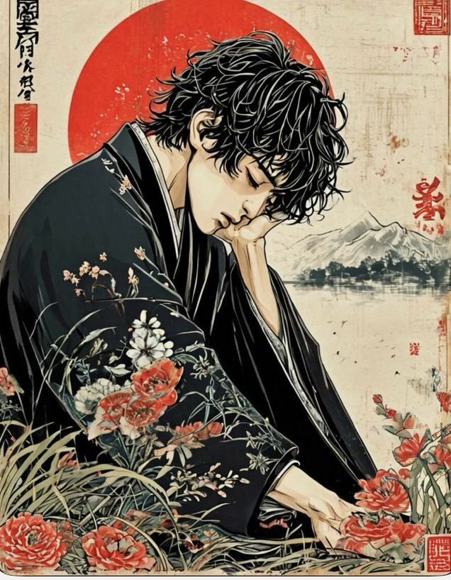 水縹憂愁の肖像。黒い着物で頬杖をつき目を閉じる青年、背後に朱の日輪と遠山